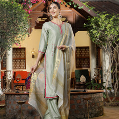 Stylum Women's Green Solid & Embroidered Shimmer Silk Straight Kurta Pant Dupatta Set