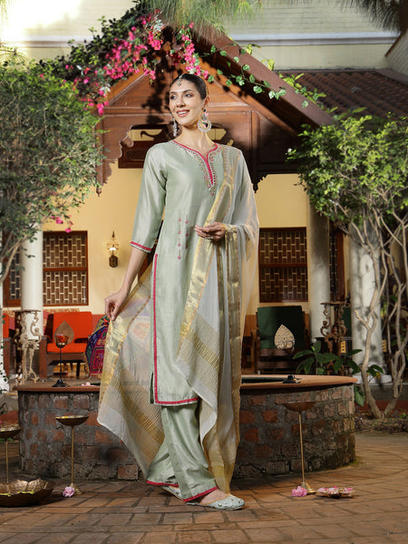 Stylum Women's Green Solid & Embroidered Shimmer Silk Straight Kurta Pant Dupatta Set