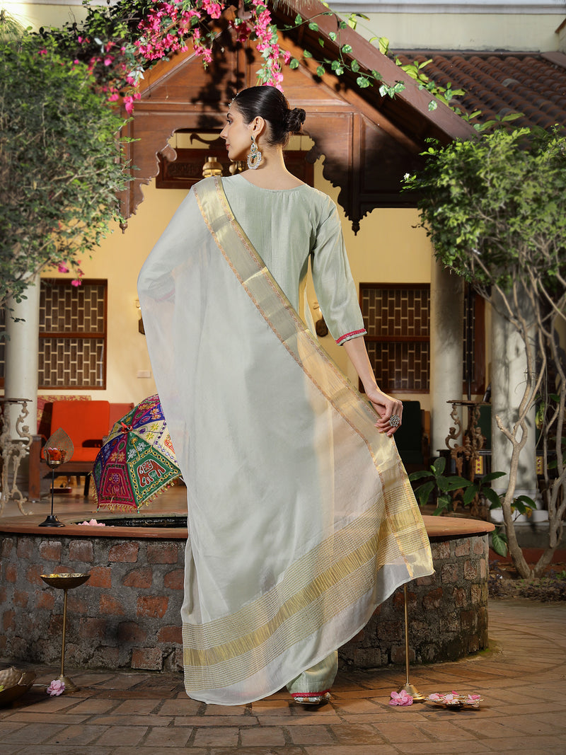 Stylum Women's Green Solid & Embroidered Shimmer Silk Straight Kurta Pant Dupatta Set