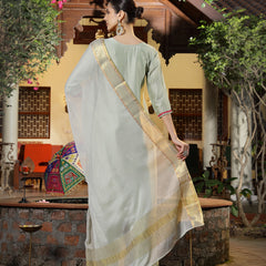 Stylum Women's Green Solid & Embroidered Shimmer Silk Straight Kurta Pant Dupatta Set