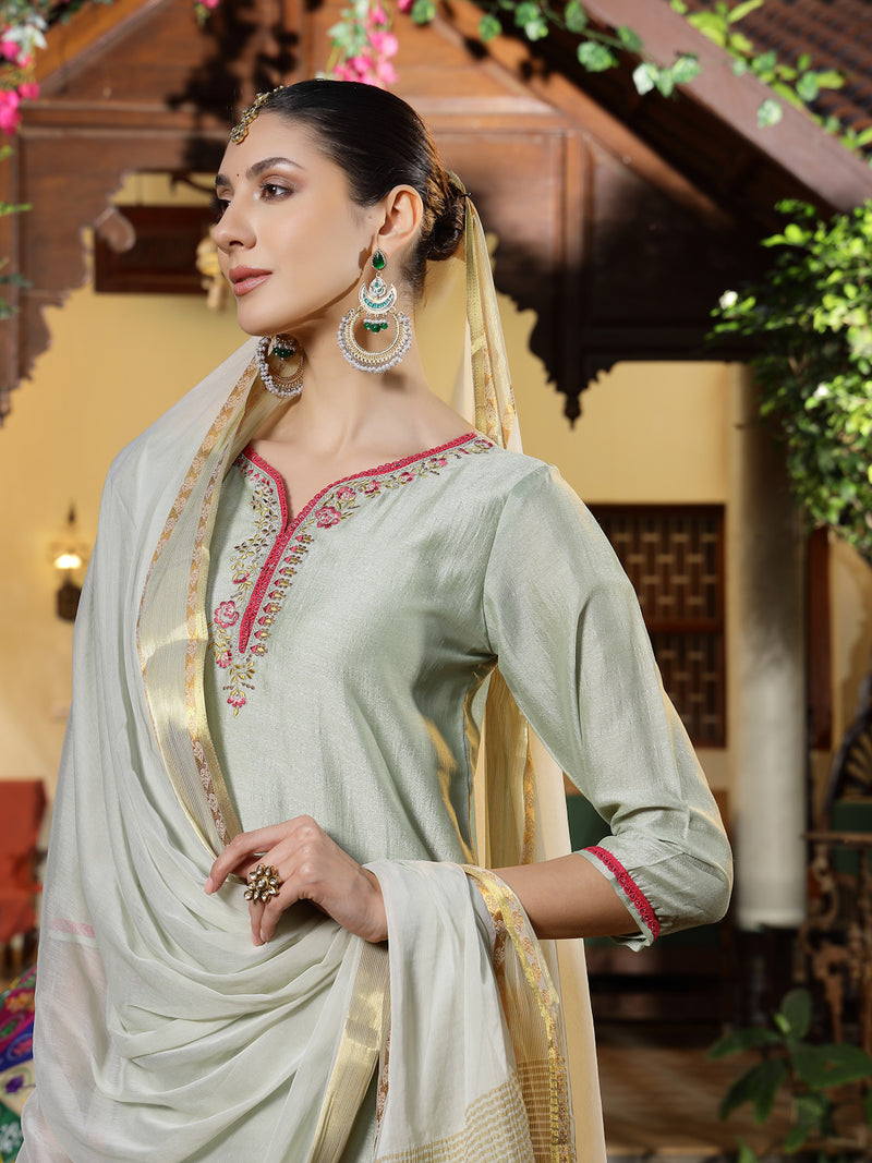 Stylum Women's Green Solid & Embroidered Shimmer Silk Straight Kurta Pant Dupatta Set