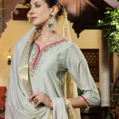 Stylum Women's Green Solid & Embroidered Shimmer Silk Straight Kurta Pant Dupatta Set