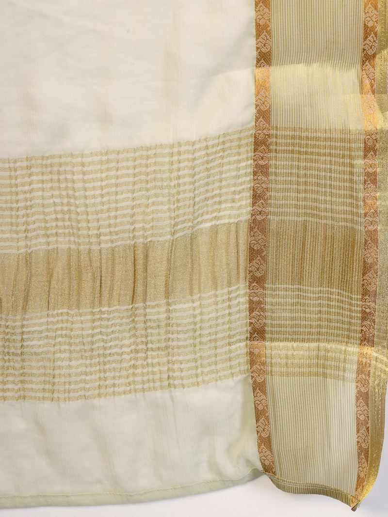 Stylum Women's Green Solid & Embroidered Shimmer Silk Straight Kurta Pant Dupatta Set