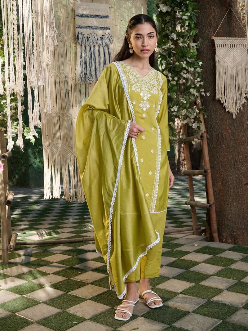 Stylum Women's Green Embroidered Silk Blend Straight Kurta Pant Dupatta Set (KPDGREENLAFING)