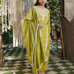 Stylum Women's Green Embroidered Silk Blend Straight Kurta Pant Dupatta Set (KPDGREENLAFING)