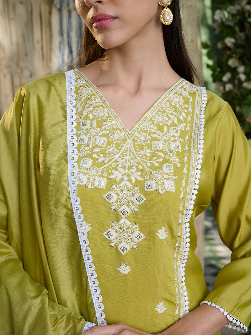 Stylum Women's Green Embroidered Silk Blend Straight Kurta Pant Dupatta Set (KPDGREENLAFING)