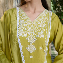 Stylum Women's Green Embroidered Silk Blend Straight Kurta Pant Dupatta Set (KPDGREENLAFING)