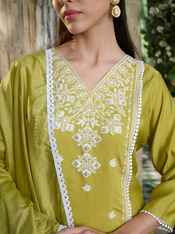 Stylum Women's Green Embroidered Silk Blend Straight Kurta Pant Dupatta Set (KPDGREENLAFING)