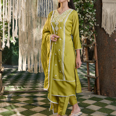 Stylum Women's Green Embroidered Silk Blend Straight Kurta Pant Dupatta Set (KPDGREENLAFING)