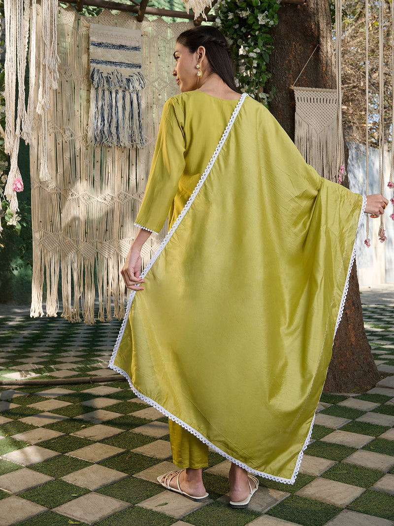 Stylum Women's Green Embroidered Silk Blend Straight Kurta Pant Dupatta Set (KPDGREENLAFING)