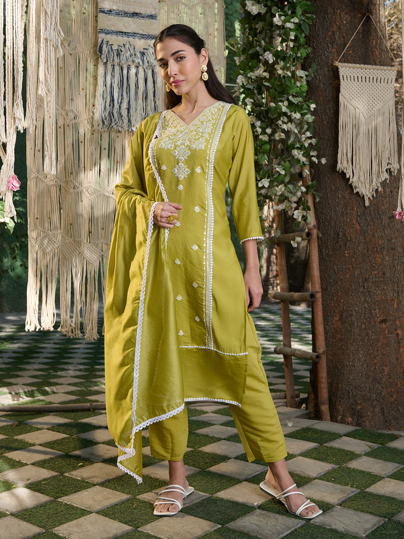 Stylum Women's Green Embroidered Silk Blend Straight Kurta Pant Dupatta Set (KPDGREENLAFING)