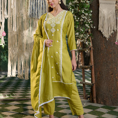 Stylum Women's Green Embroidered Silk Blend Straight Kurta Pant Dupatta Set (KPDGREENLAFING)