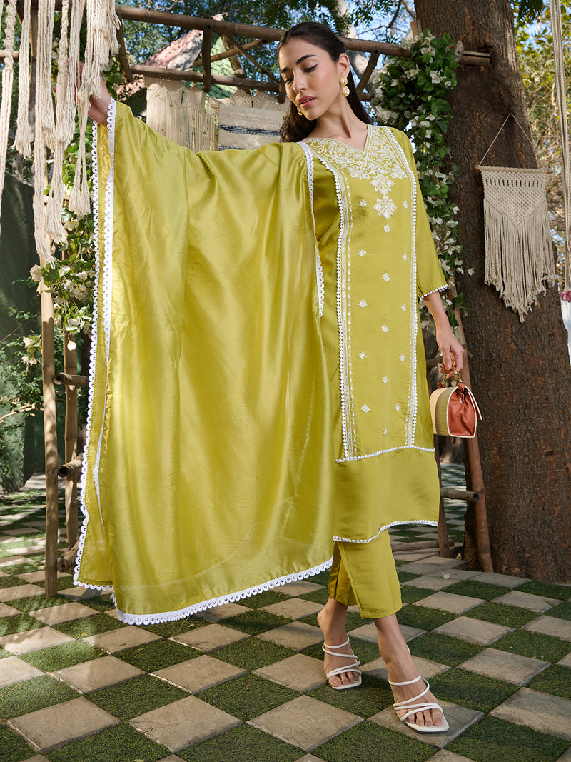 Stylum Women's Green Embroidered Silk Blend Straight Kurta Pant Dupatta Set (KPDGREENLAFING)