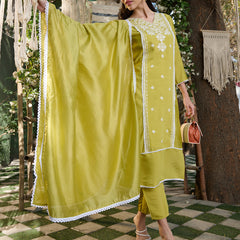 Stylum Women's Green Embroidered Silk Blend Straight Kurta Pant Dupatta Set (KPDGREENLAFING)