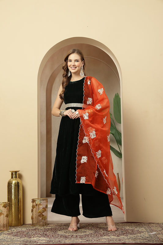 Stylum Women's Green Solid Velvet Flared Kurta Palazzo Dupatta Set (KPDGREENMASALA)