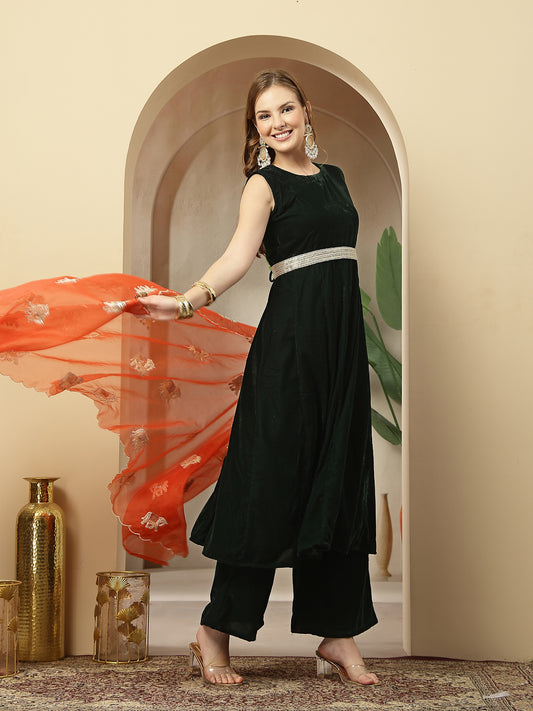 Stylum Women's Green Solid Velvet Flared Kurta Palazzo Dupatta Set (KPDGREENMASALA)