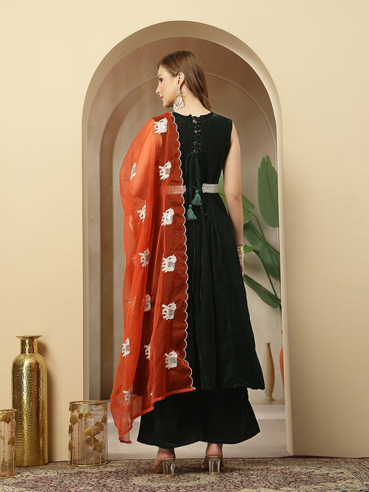 Stylum Women's Green Solid Velvet Flared Kurta Palazzo Dupatta Set (KPDGREENMASALA)