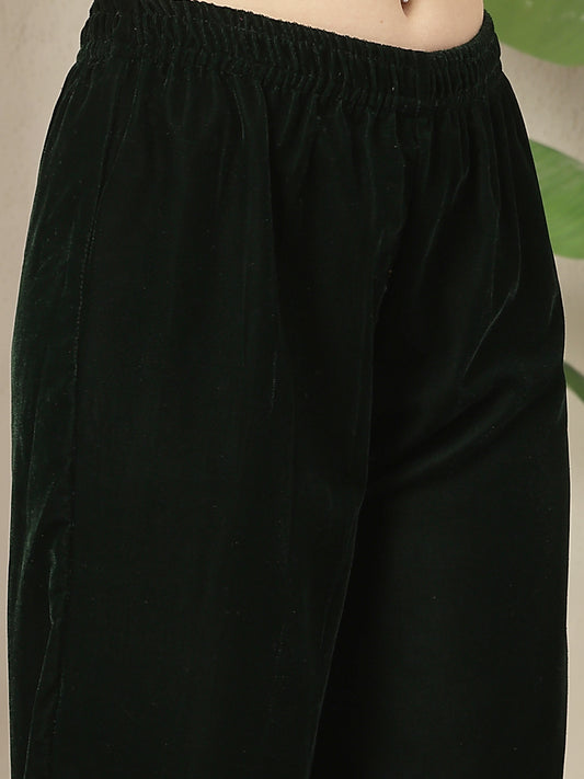 Stylum Women's Green Solid Velvet Flared Kurta Palazzo Dupatta Set (KPDGREENMASALA)