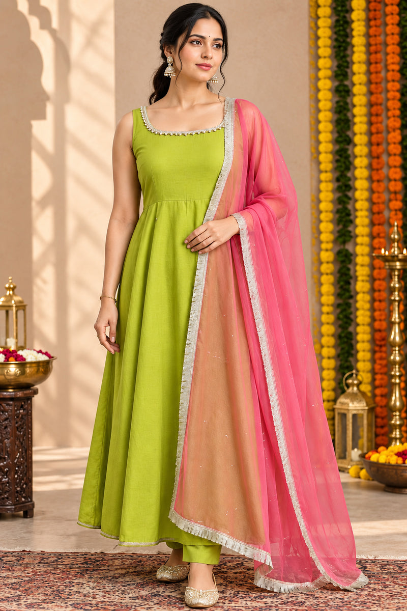Lime Green Embellished Anarkali Suit Set for Women (KPDGREENMASTANI)