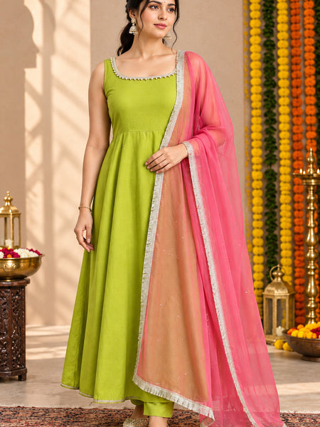 Lime Green Embellished Anarkali Suit Set for Women (KPDGREENMASTANI)