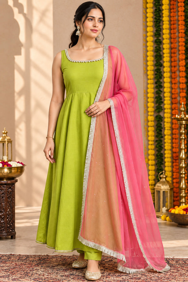Lime Green Embellished Anarkali Suit Set for Women (KPDGREENMASTANI)