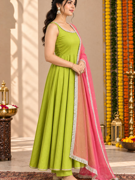 Lime Green Embellished Anarkali Suit Set for Women (KPDGREENMASTANI)