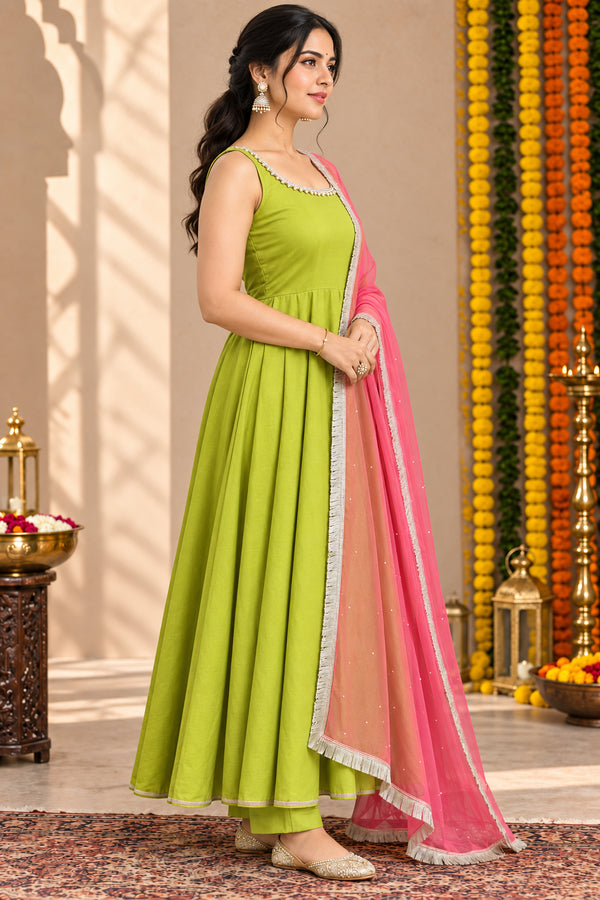 Lime Green Embellished Anarkali Suit Set for Women (KPDGREENMASTANI)