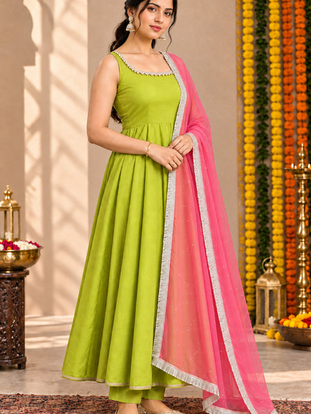 Lime Green Embellished Anarkali Suit Set for Women (KPDGREENMASTANI)