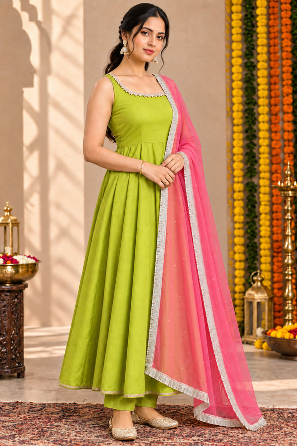 Lime Green Embellished Anarkali Suit Set for Women (KPDGREENMASTANI)
