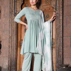 Stylum Women's Solid Rayon A-Line Kurta Pant Dupatta Set (KPDGREENMEGHA)