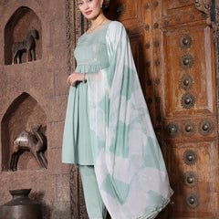 Stylum Women's Solid Rayon A-Line Kurta Pant Dupatta Set (KPDGREENMEGHA)