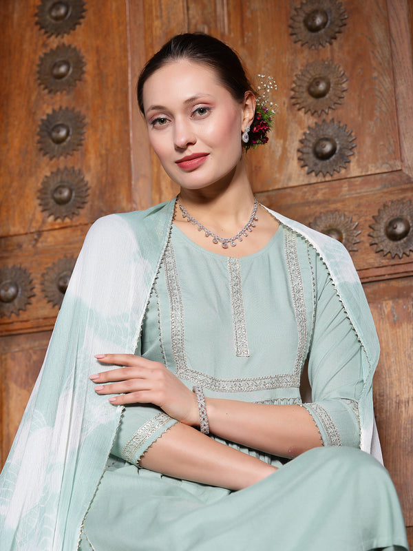 Stylum Women's Solid Rayon A-Line Kurta Pant Dupatta Set (KPDGREENMEGHA)