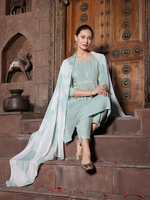 Stylum Women's Solid Rayon A-Line Kurta Pant Dupatta Set (KPDGREENMEGHA)