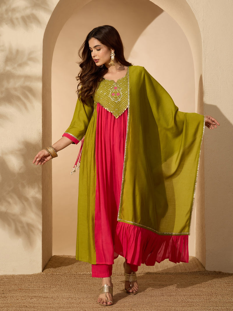 Stylum Women's Green Solid & Sequin Work Chanderi Silk Anarkali Kurta Pant Dupatta Set (KPDGREENMODAK)