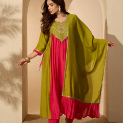 Stylum Women's Green Solid & Sequin Work Chanderi Silk Anarkali Kurta Pant Dupatta Set (KPDGREENMODAK)