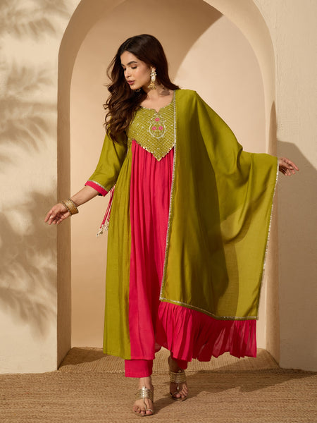 Stylum Women's Green Solid & Sequin Work Chanderi Silk Anarkali Kurta Pant Dupatta Set (KPDGREENMODAK)