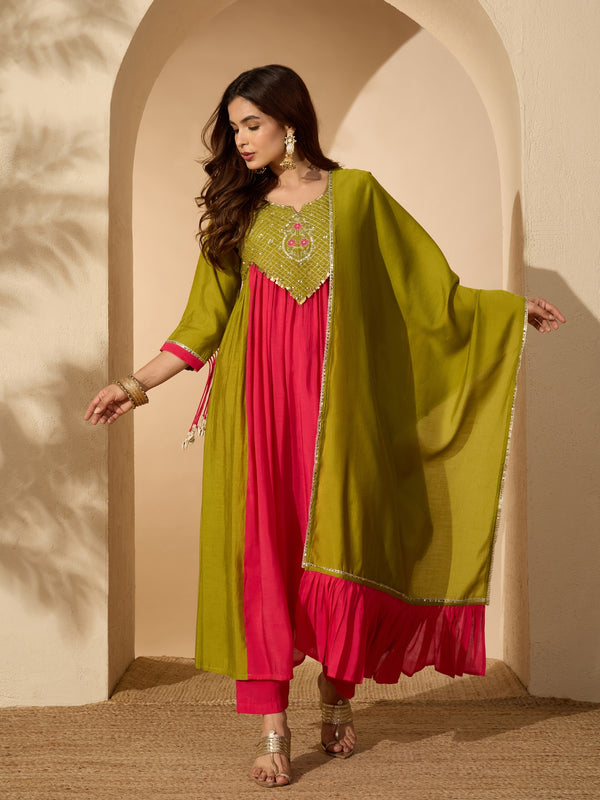 Stylum Women's Green Solid & Sequin Work Chanderi Silk Anarkali Kurta Pant Dupatta Set (KPDGREENMODAK)