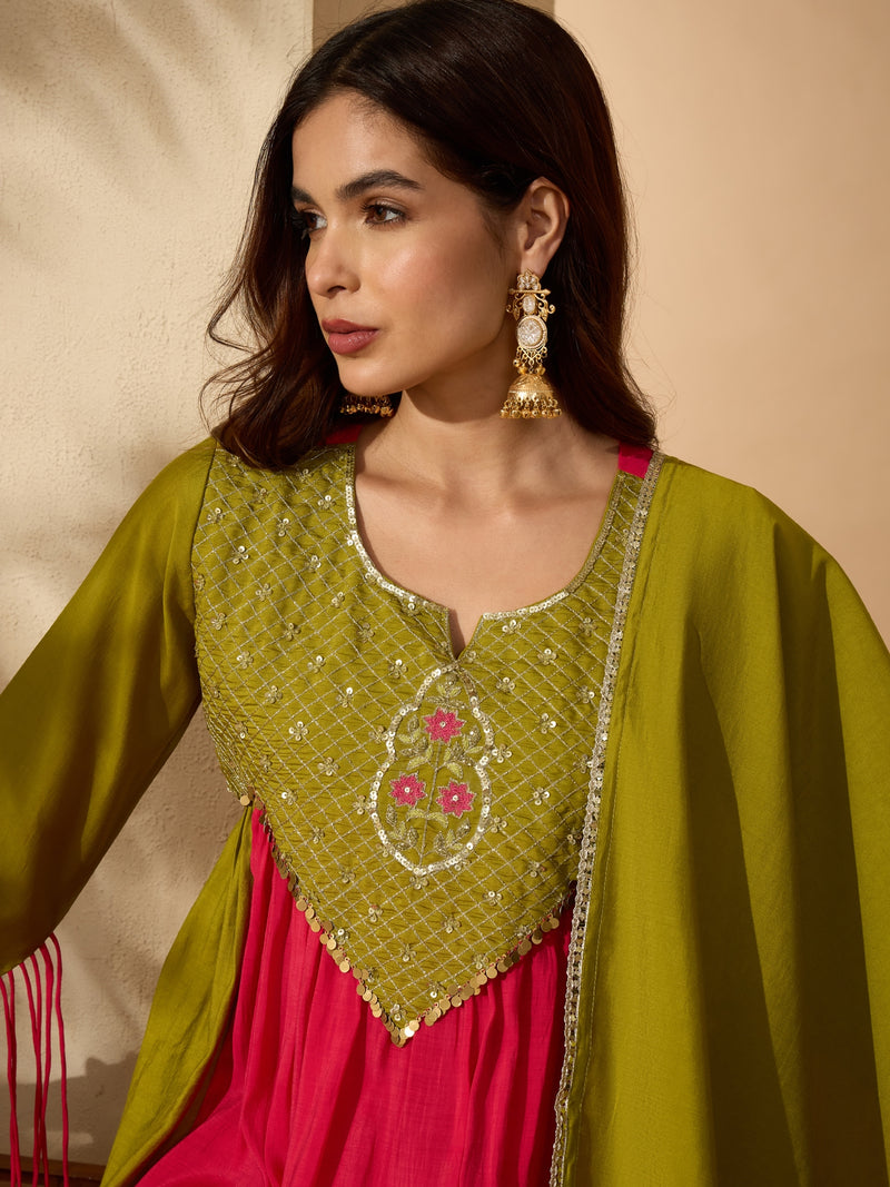 Stylum Women's Green Solid & Sequin Work Chanderi Silk Anarkali Kurta Pant Dupatta Set (KPDGREENMODAK)