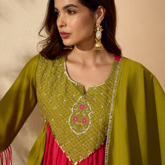 Stylum Women's Green Solid & Sequin Work Chanderi Silk Anarkali Kurta Pant Dupatta Set (KPDGREENMODAK)