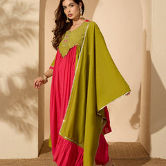 Stylum Women's Green Solid & Sequin Work Chanderi Silk Anarkali Kurta Pant Dupatta Set (KPDGREENMODAK)