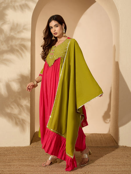 Stylum Women's Green Solid & Sequin Work Chanderi Silk Anarkali Kurta Pant Dupatta Set (KPDGREENMODAK)
