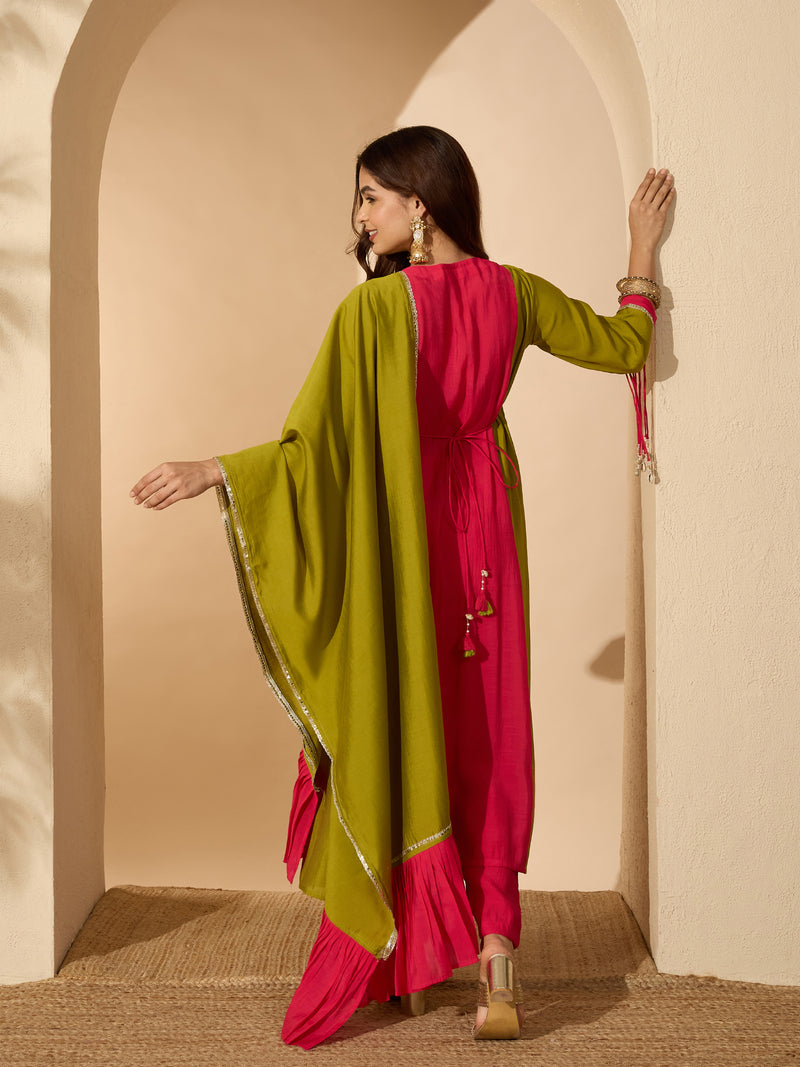 Stylum Women's Green Solid & Sequin Work Chanderi Silk Anarkali Kurta Pant Dupatta Set (KPDGREENMODAK)