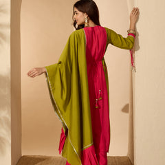 Stylum Women's Green Solid & Sequin Work Chanderi Silk Anarkali Kurta Pant Dupatta Set (KPDGREENMODAK)