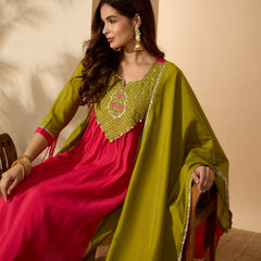 Stylum Women's Green Solid & Sequin Work Chanderi Silk Anarkali Kurta Pant Dupatta Set (KPDGREENMODAK)