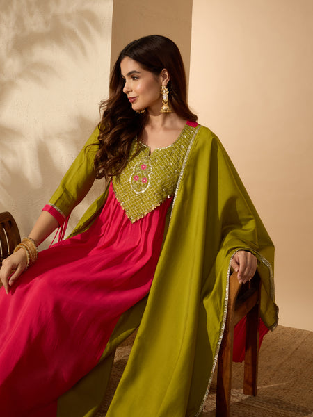 Stylum Women's Green Solid & Sequin Work Chanderi Silk Anarkali Kurta Pant Dupatta Set (KPDGREENMODAK)