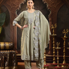 Stylum Women's Green Solid & Embroidered Silk Blend Flared Kurta Pant Dupatta Set (KPDGREENNITYA)