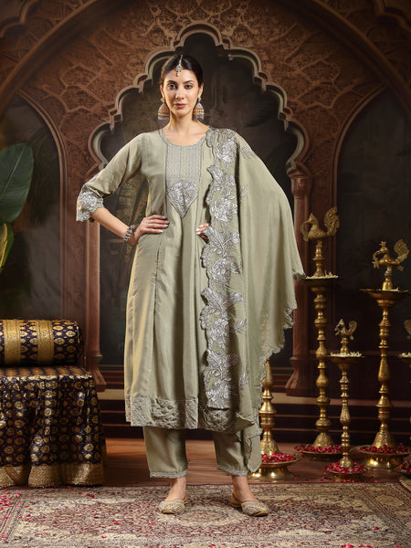 Stylum Women's Green Solid & Embroidered Silk Blend Flared Kurta Pant Dupatta Set (KPDGREENNITYA)
