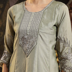 Stylum Women's Green Solid & Embroidered Silk Blend Flared Kurta Pant Dupatta Set (KPDGREENNITYA)