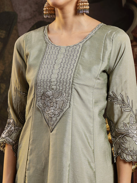 Stylum Women's Green Solid & Embroidered Silk Blend Flared Kurta Pant Dupatta Set (KPDGREENNITYA)