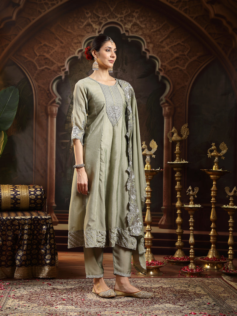 Stylum Women's Green Solid & Embroidered Silk Blend Flared Kurta Pant Dupatta Set (KPDGREENNITYA)